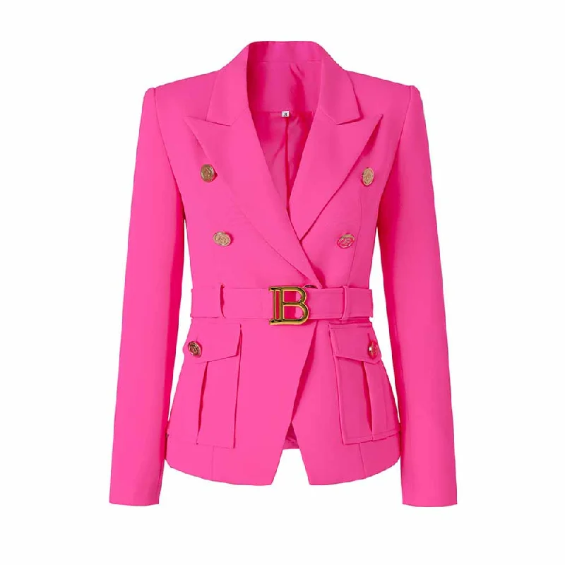 Women's Luxury Fitted Hot Pink Blazer Golden Lion Buttons Coat Belted Jacket