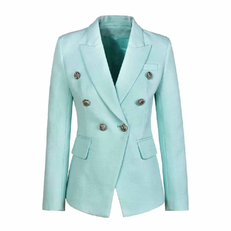 Women's Luxury Fitted Mint Green Blazer Golden Lion Buttons Coat Jacket