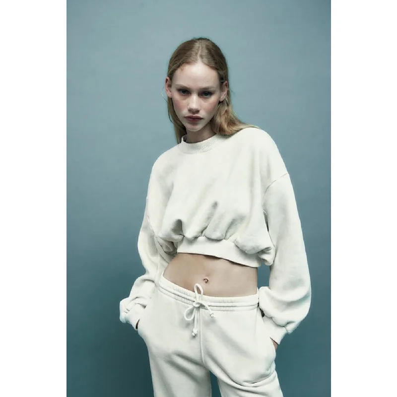 White Faded Effect Cropped Sweatshirt