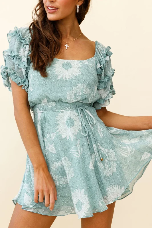 Rosa Short Sleeve Frill Accent Dress Floral Print Sage