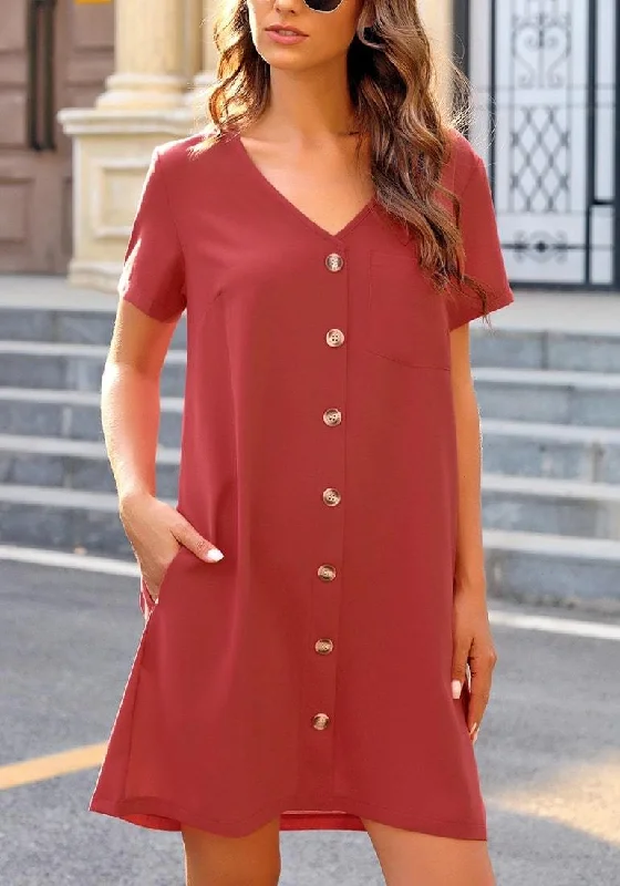 Dark Coral Pink V-Neck Button Down Short Sleeve Mini Dress