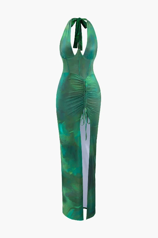 Printed Halter Corset Drawstring Slit Midi Dress