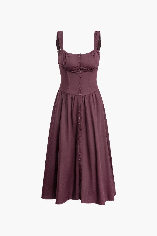 Braided Tie Ruched Button Up Sleeveless Midi Dress