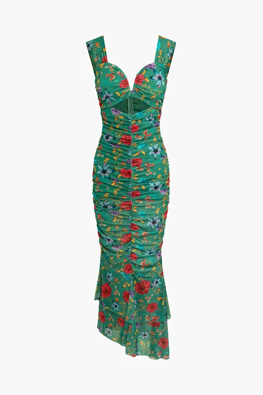 Floral Print Cut Out Ruched Midi Dress