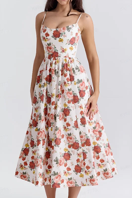 Floral Print Spaghetti Strap Bustier Midi Dress