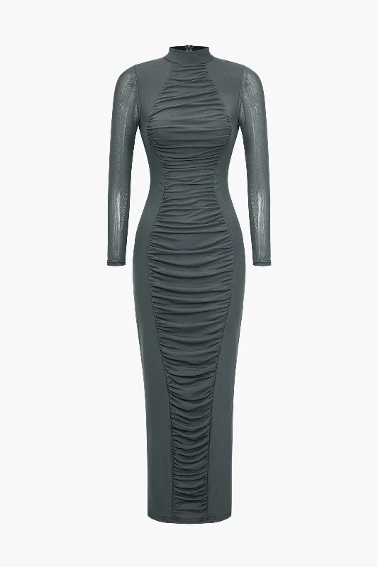 Solid Ruched Mock-Neck Midi Dress