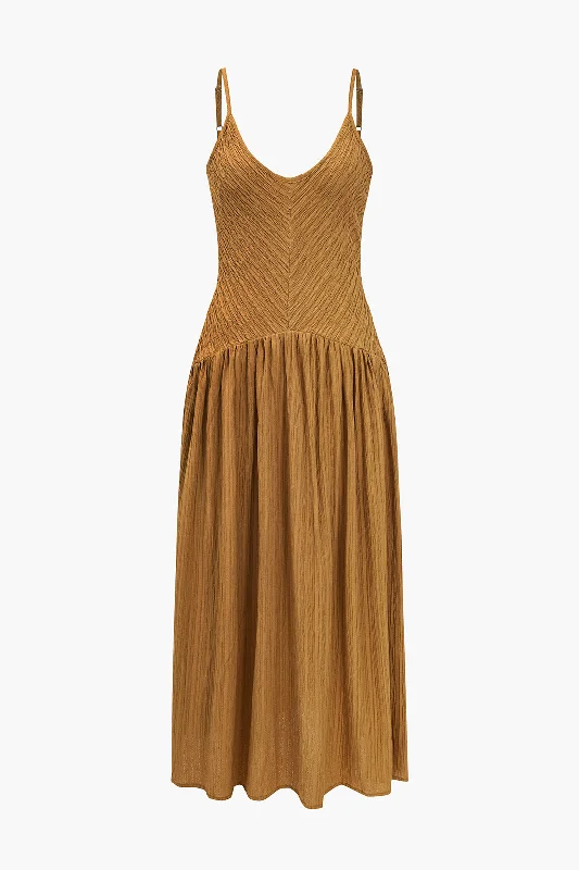 Solid Backless V-Neck Slip Midi Dress