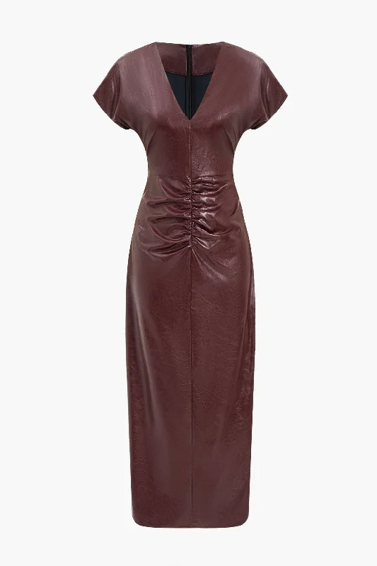 Faux Leather Ruched V-Neck Midi Dress