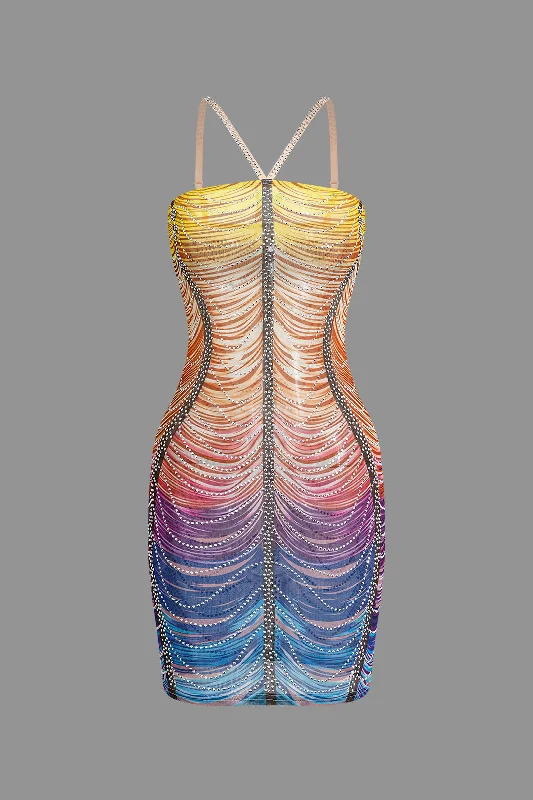 Rainbow Striped Rhinestone Bodycon Mini Dress