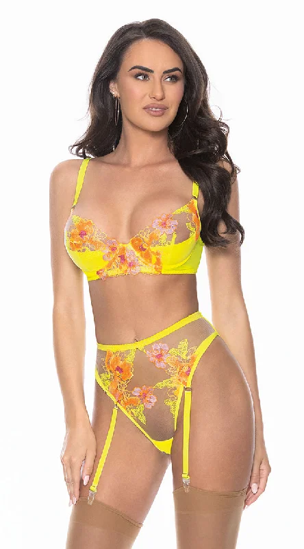 Neon Explosion Floral Bra and Garter Set