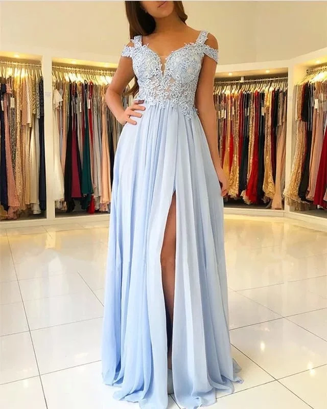 FashionSierra - Long Side Split Off Shoulder Lace Sky Blue evening Dresses