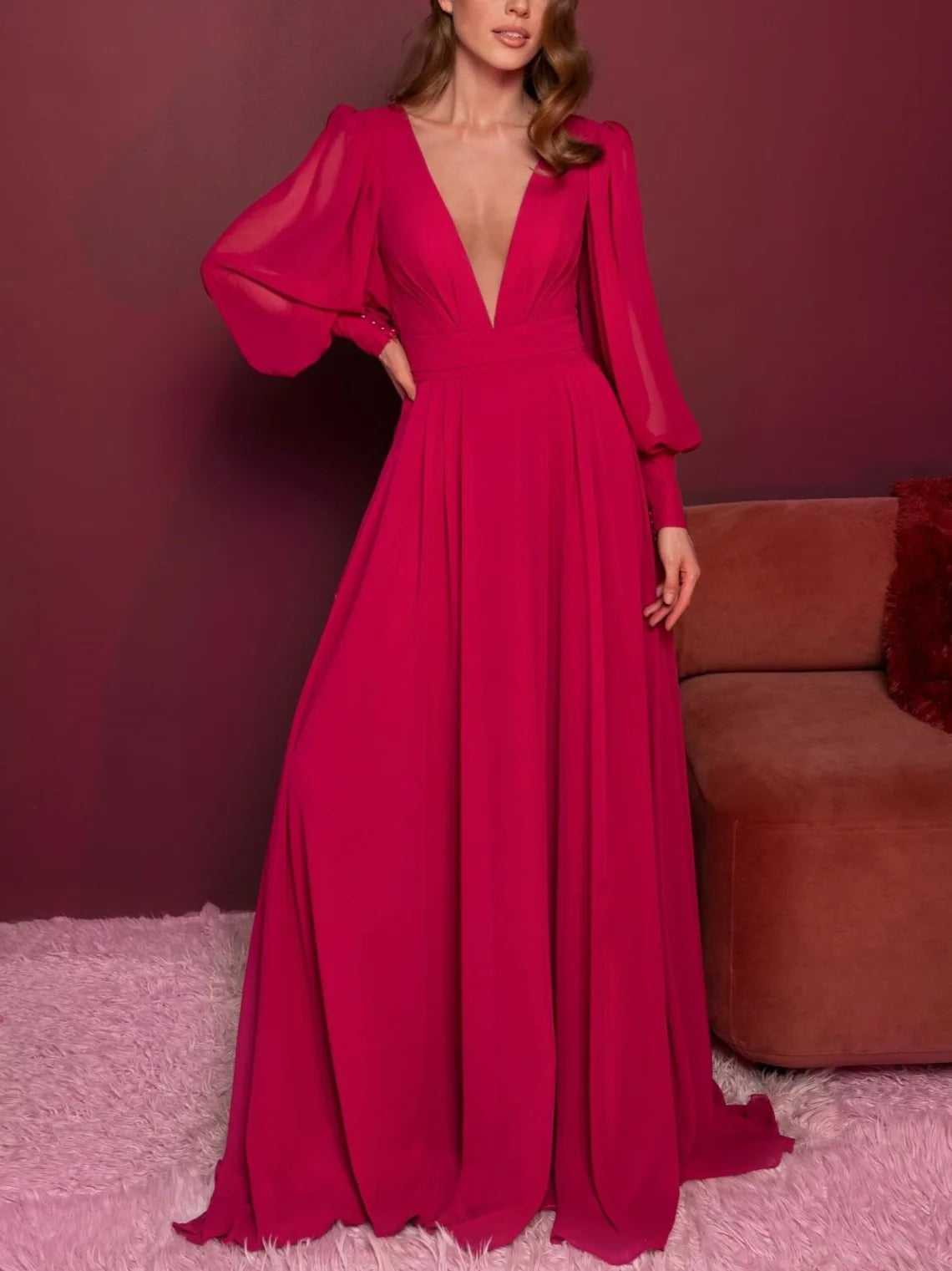 A-Line Deep V-Neck Long Sleeves Floor-Length Evening Dress with Ruffles