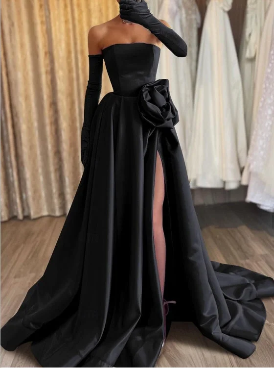 A-Line Evening Gown Elegant Formal Floor Length Sleeveless Strapless Satin with Appliques