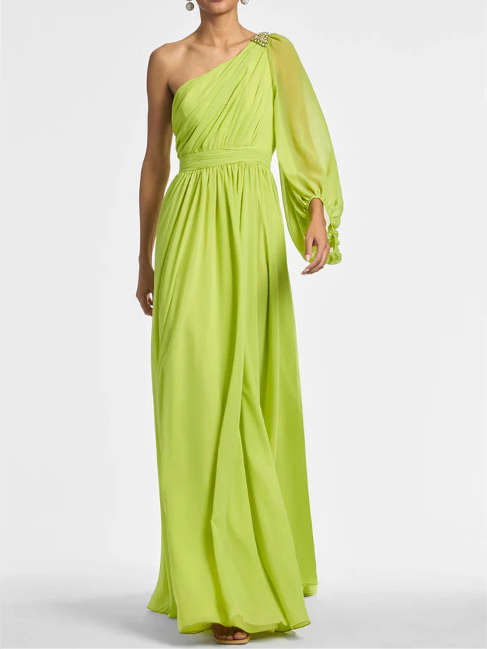 A Line One Shoulder Floor-Length Evening Dress with Ruffles