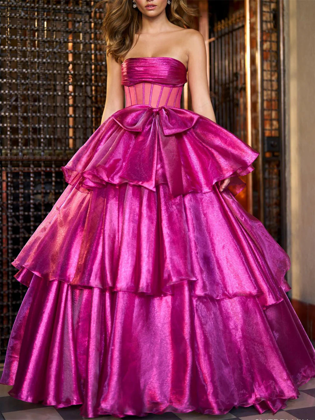 A-Line Princess Fuchsia Ball Gown Strapless Floor-Length Evening Dresses with Ruffles