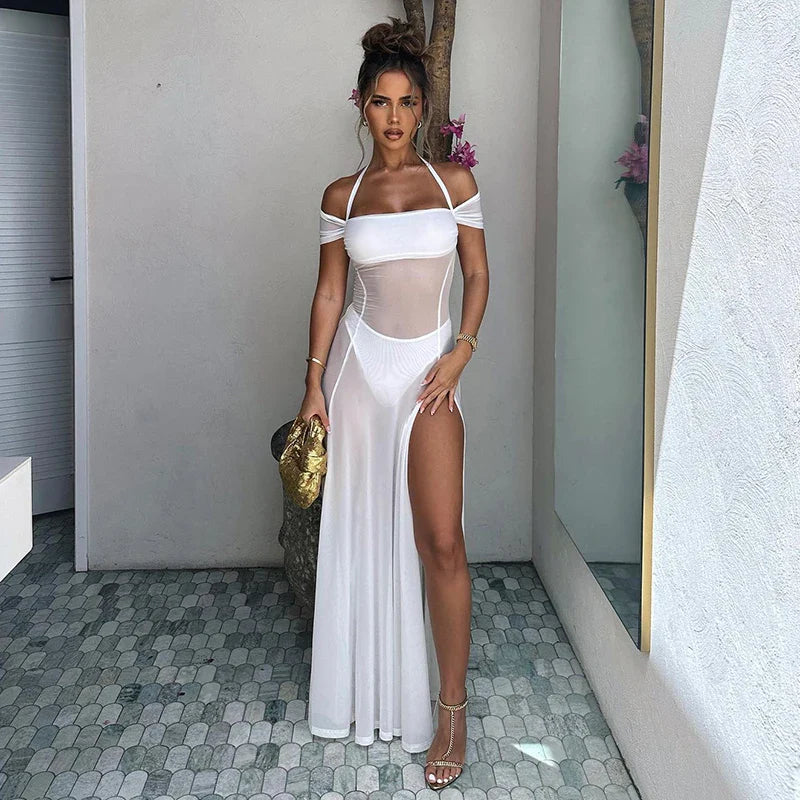 Summer New Style Halter Neck Mesh See Through High Slit Party Beach Club Clothing Long Women's Maxi Dress