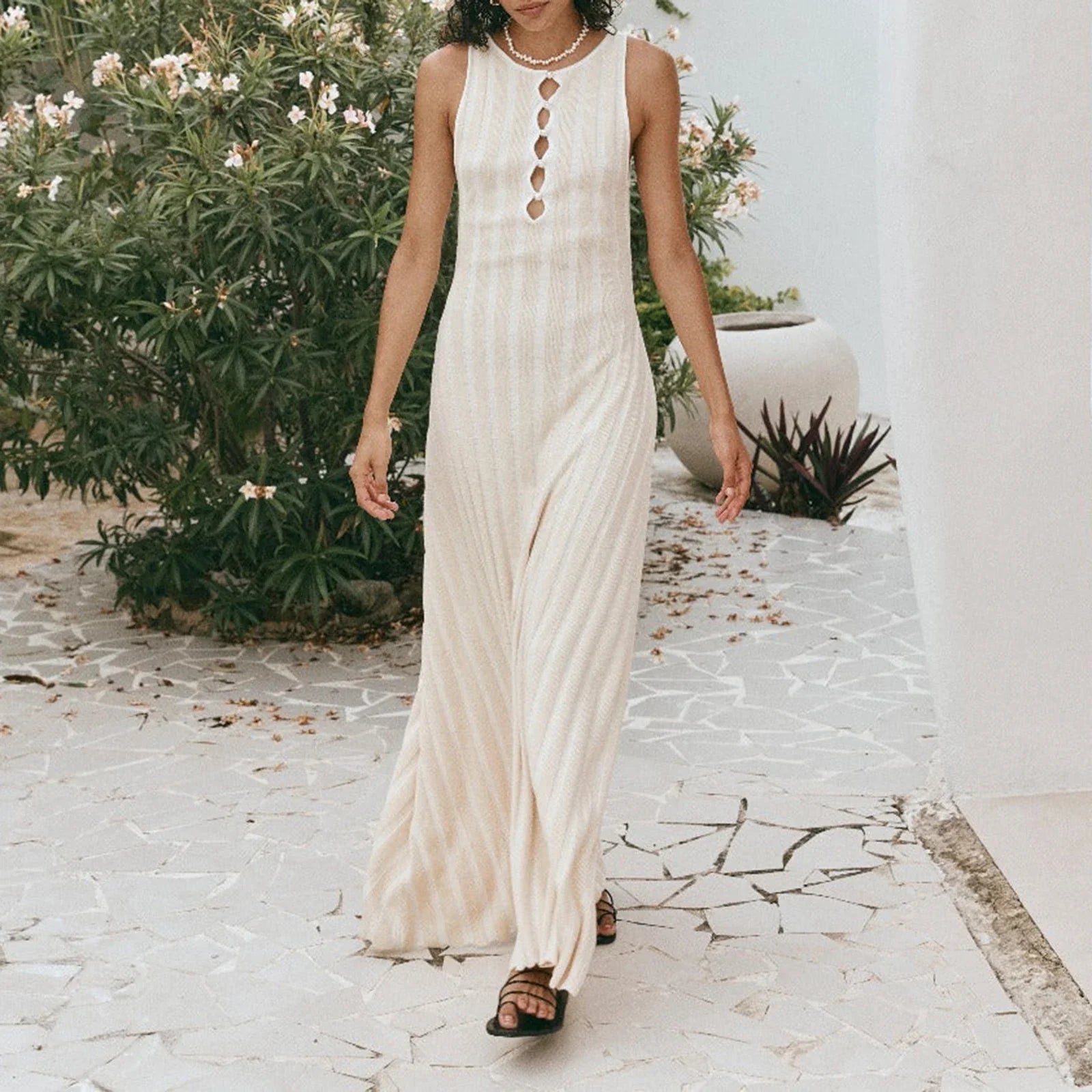 FashionSierra - Hollow-Out Sleeveless Vertical Striped Ribbed Knit Summer Club Party Maxi Dress