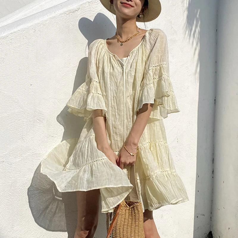 FashionSierra-Ruffles  A-line  Loose  Short  Tassel  Vintage  Soild  Summer  Party Boho Dress