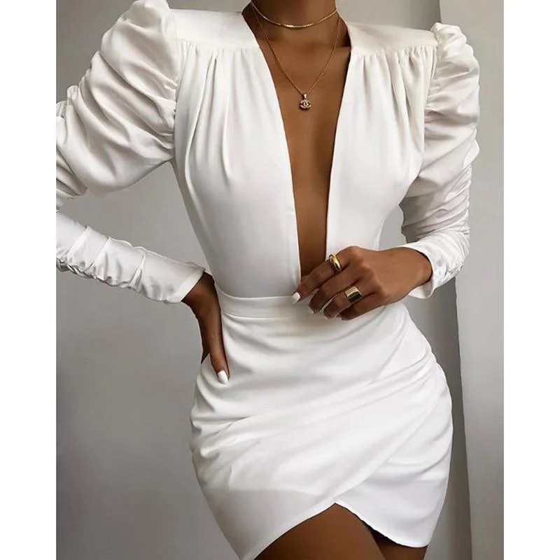 FashionSierra - Irregular Solid White Long Sleeve Women Dress V Neck Puff Sleeve Party Dress Elegant Ladies Formal Workwear Vestidos Mujer