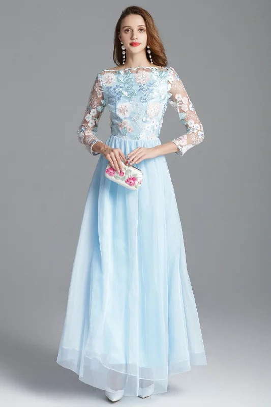 FashionSierra - Embroidery Long Sleeves Party Prom Elegant Floral Maxi Fashion Dresses