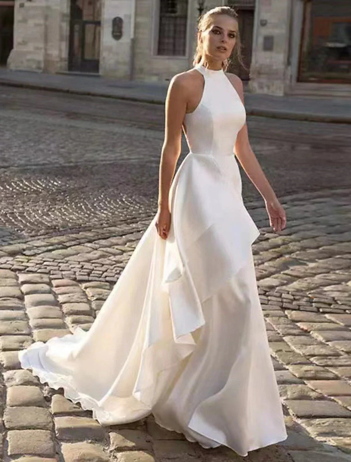 Reception Open Back Casual Wedding Dresses A-Line Halter Sleeveless Court Train Satin Bridal Gowns With Solid Color Summer Fall Wedding Party Women's Clothing