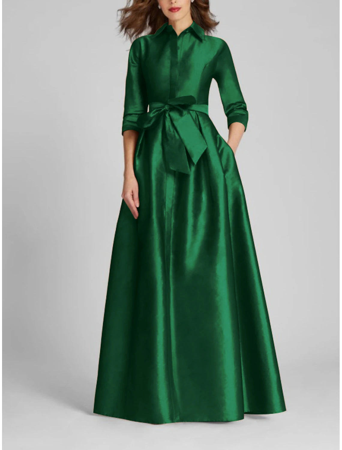 Satin A-Line Evening Gown Floor Length Half Sleeve Shirt Collar with Bow(s) Pleats