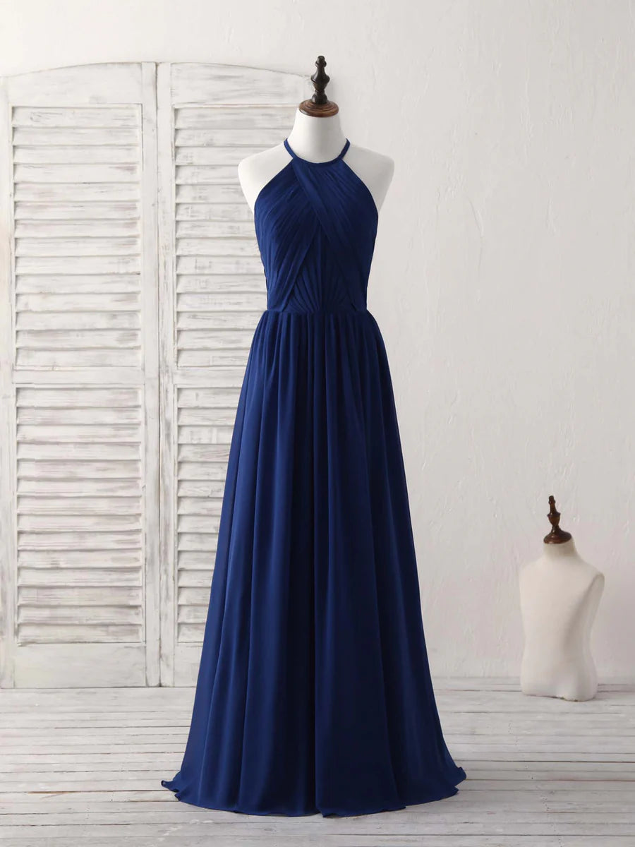 Simple Dark Blue Chiffon A-Line Long Prom Dress Halterneck Evening Dress