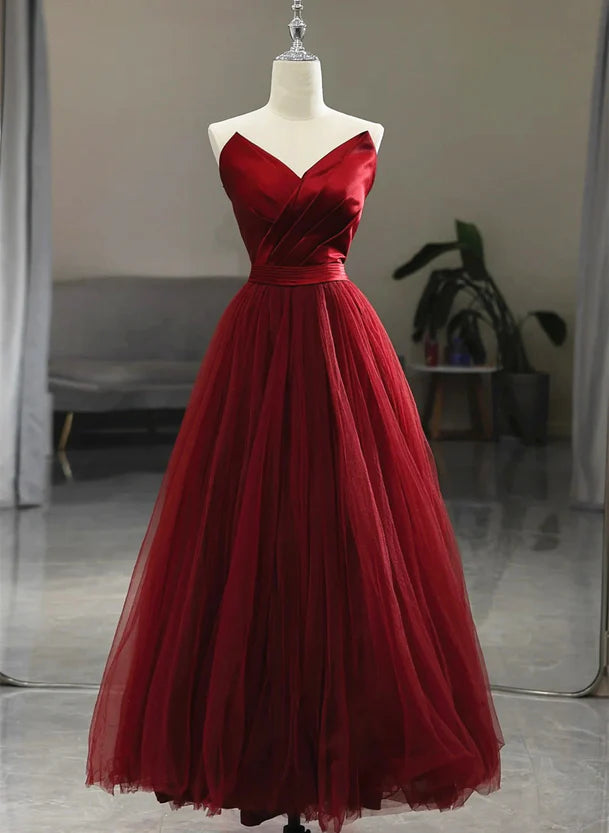 Wine Red Tea Length Tulle V-neckline Prom Dress Wine Red Tulle Party Dress