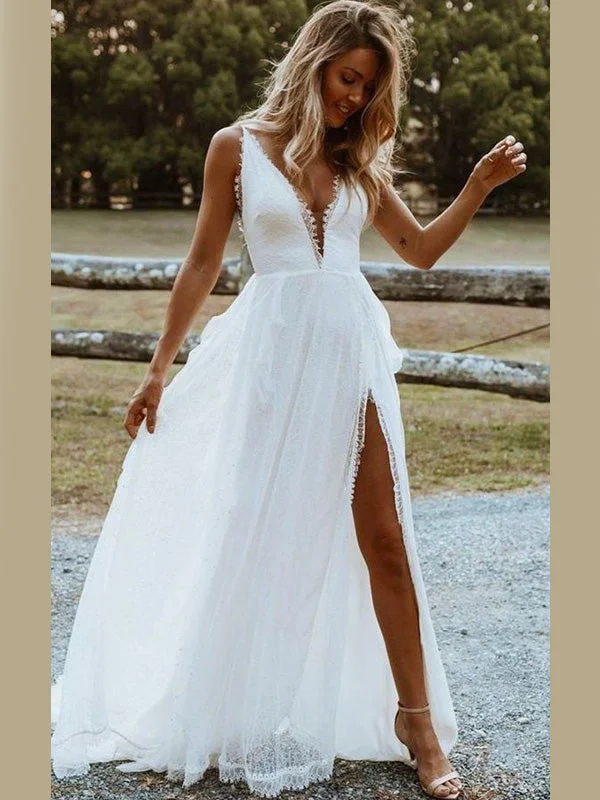 Sexy V-Neck Side-slit Lace Long Beach Wedding Dresses, WD0590