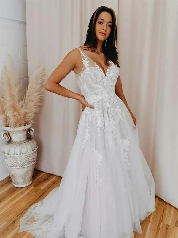 Sexy Boho A-line V-Neck Lace Long Wedding Dresses, WD0614