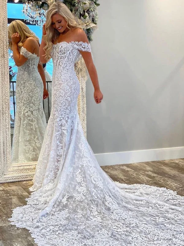 Elegant Off-the-shoulder Lace Mermaid Long Wedding Dress, WD3001