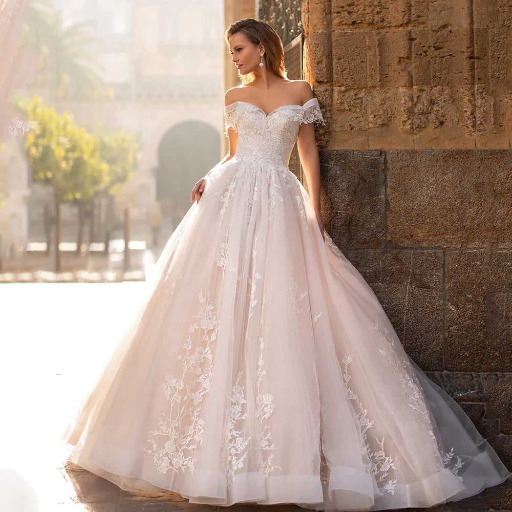 Gorgeous Ball Gown Wedding Dress Exquisite Off The Shoulder Sweetheart Lace Glitter Tulle Sweep Train Corset Bridal