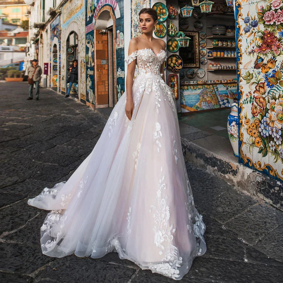 Illusion Wedding Dresses Tulle with Lace Appliques Sexy Off the Shoulder A-line Summer  Dress vestido de noiva