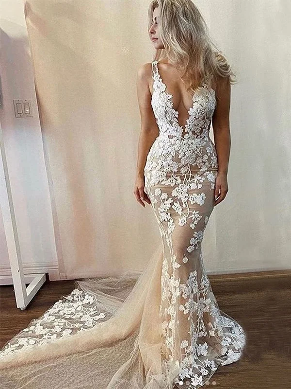 Sexy Champagne White Lace V-neck Open-back Long Tail Mermaid Wedding Dress, WD3065