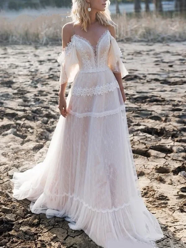 Spaghetti Strap Lace Off-shoulder Blush Open Back A-line Long Wedding Dress, WD3036