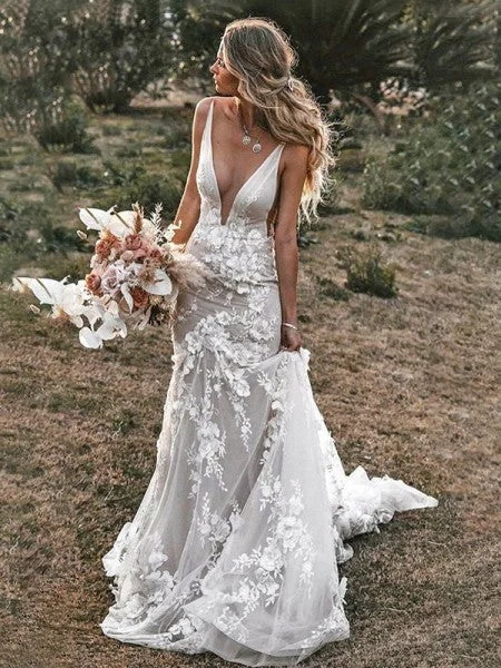 V-Neck Rustic Trumpet Lace Beach Mermaid Long Wedding Dresses, WD00590